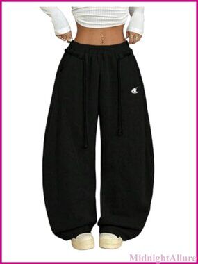 Wide Leg Barrel Sweatpants with Pockets 100% Polyester Fleece Drawstring Y2K